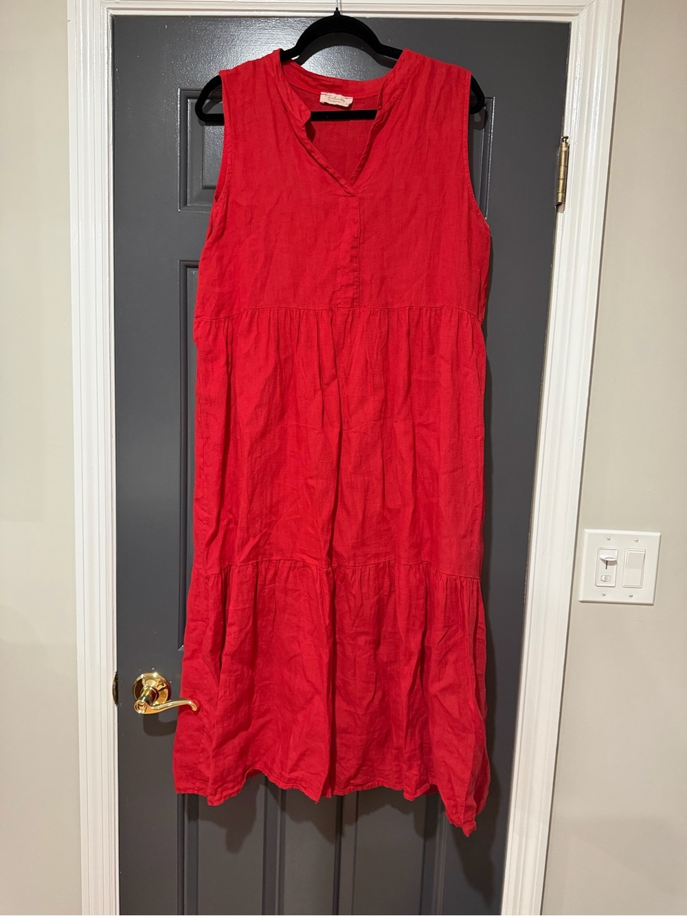Red Sleeveless V-Neck Tiered Linen Dress